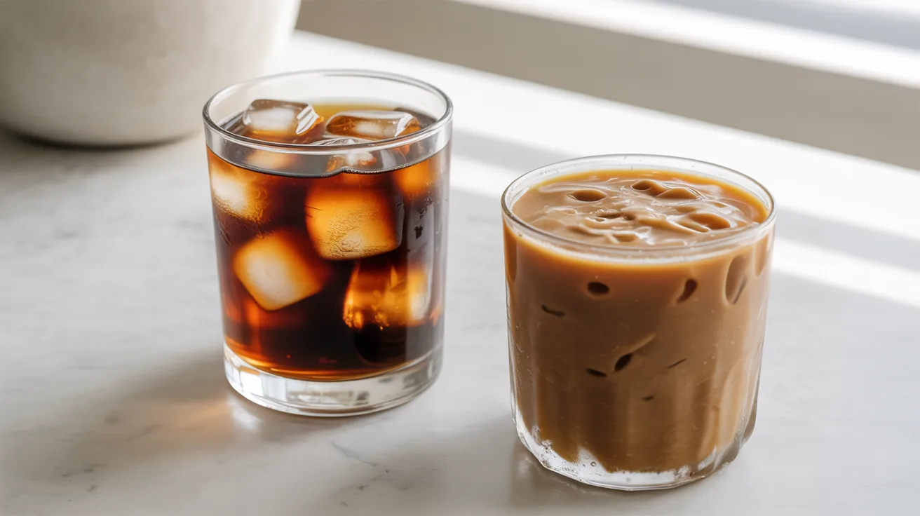 comparison of iced coffee and frozen coffee showing liquid texture versus thick blended creamy consistency.