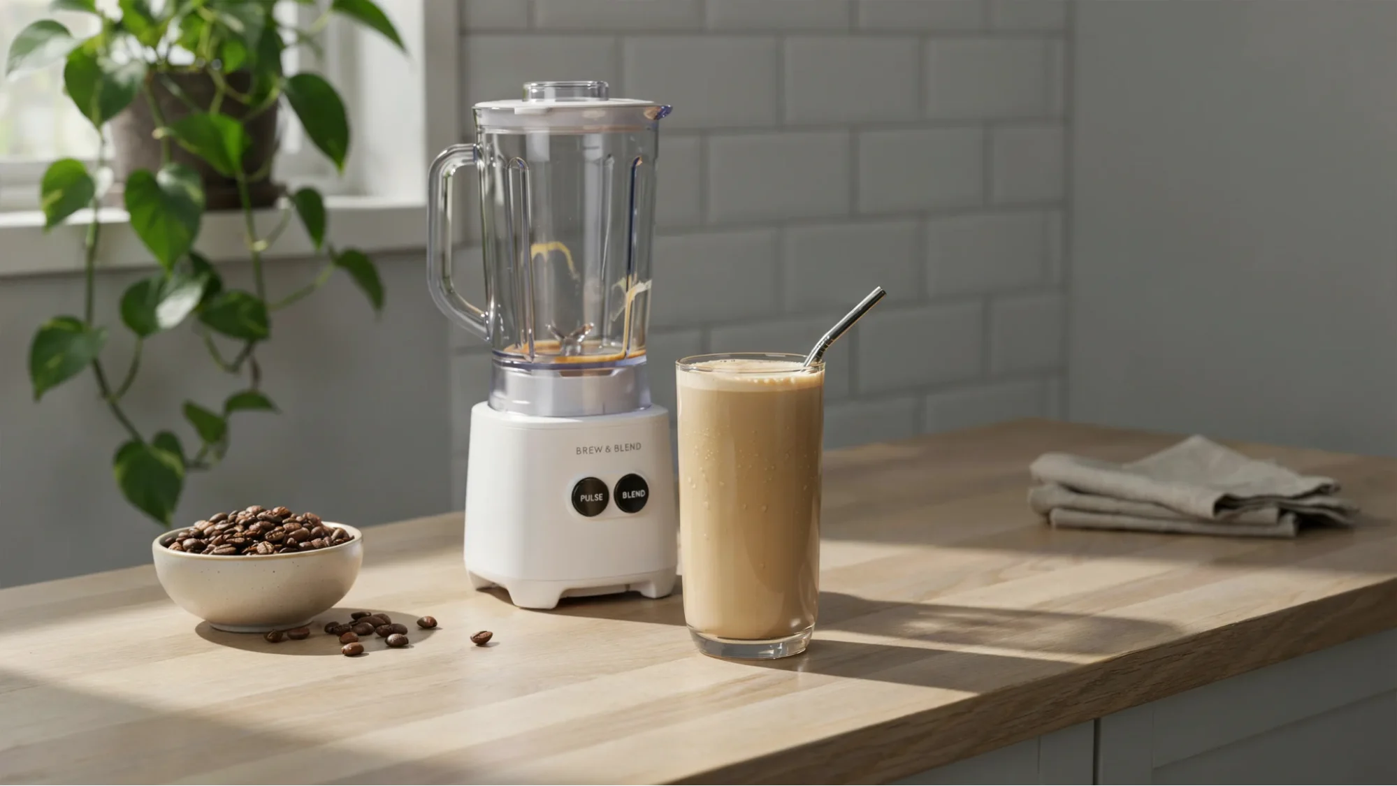 homemade blended coffee in a simple kitchen setup showing easy preparation and cost savings.
