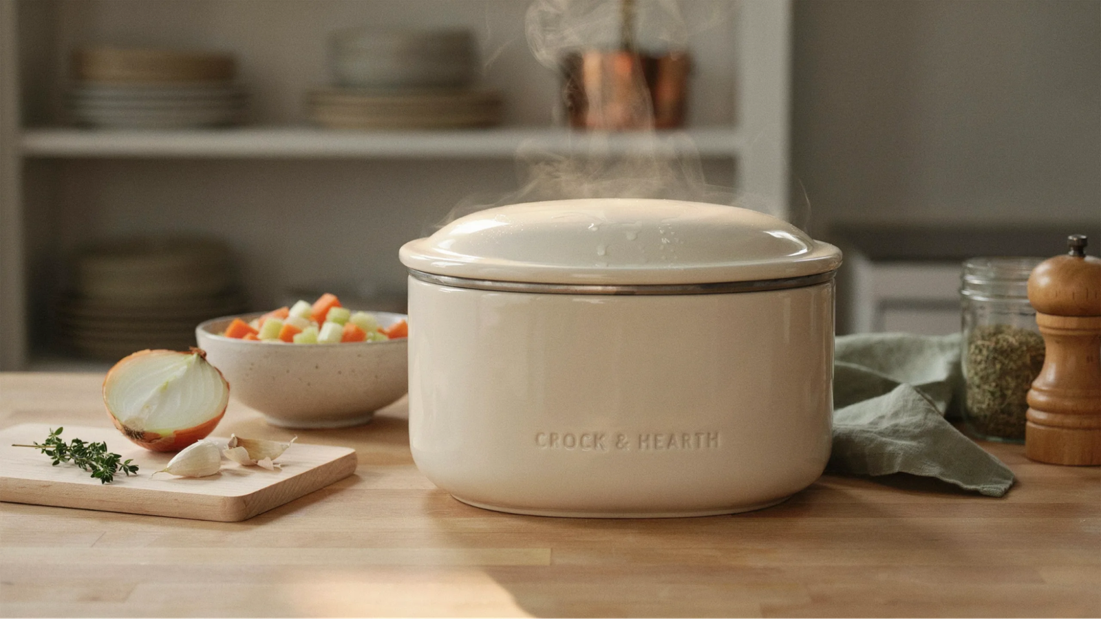 crock pot cooking potato soup slowly with lid on and steam indicating long cooking process.
