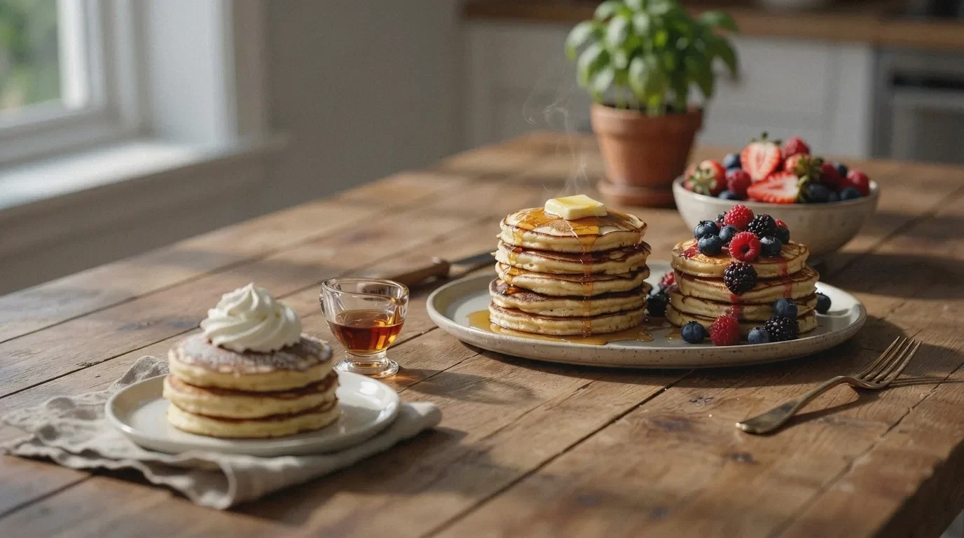 pancakes served with maple syrup berries whipped cream and powdered sugar as topping options.
