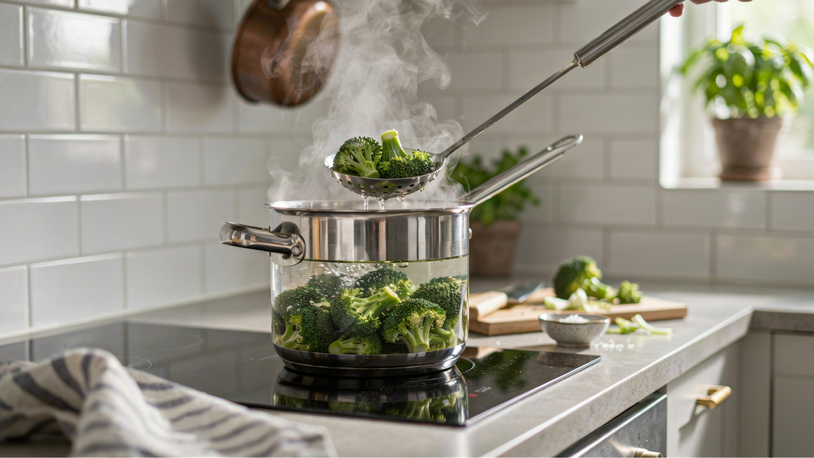 broccoli being blanched in boiling salted water and lifted out with a slotted spoon.
