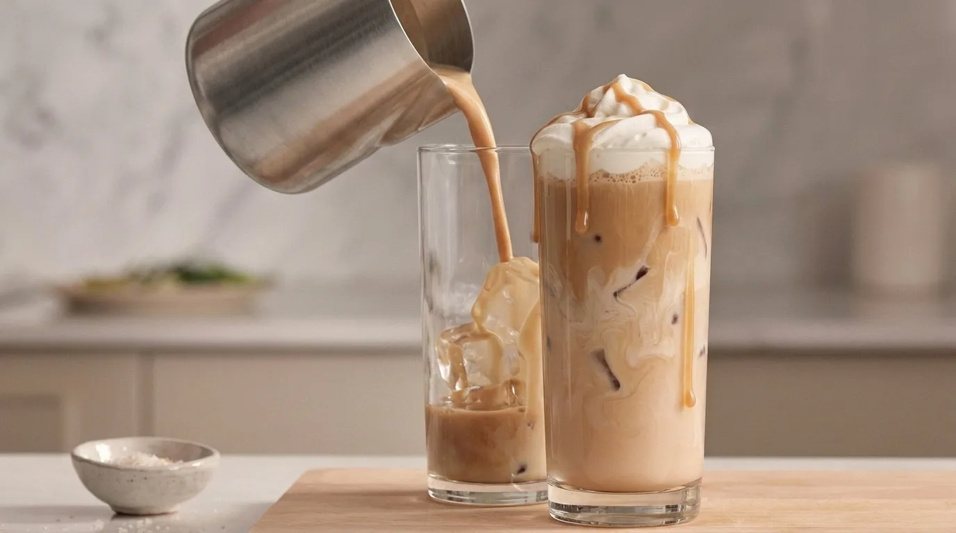 blended coffee poured into a glass with whipped cream and drizzle showing creamy texture.
