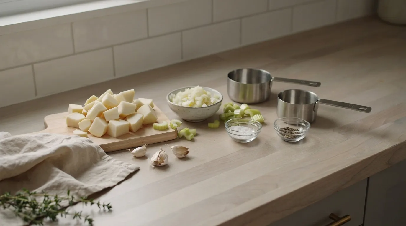 prepped ingredients like potatoes onion celery and garlic arranged on a counter before making crock pot potato soup.
