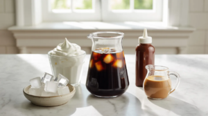 ingredients for frozen coffee including chilled coffee ice whipped topping chocolate syrup and creamer arranged on a kitchen counter.
