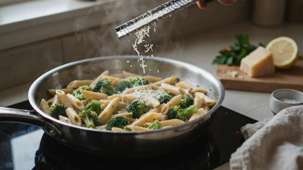 broccoli pasta with melted parmesan cheese creating a creamy and rich coating on the pasta.
