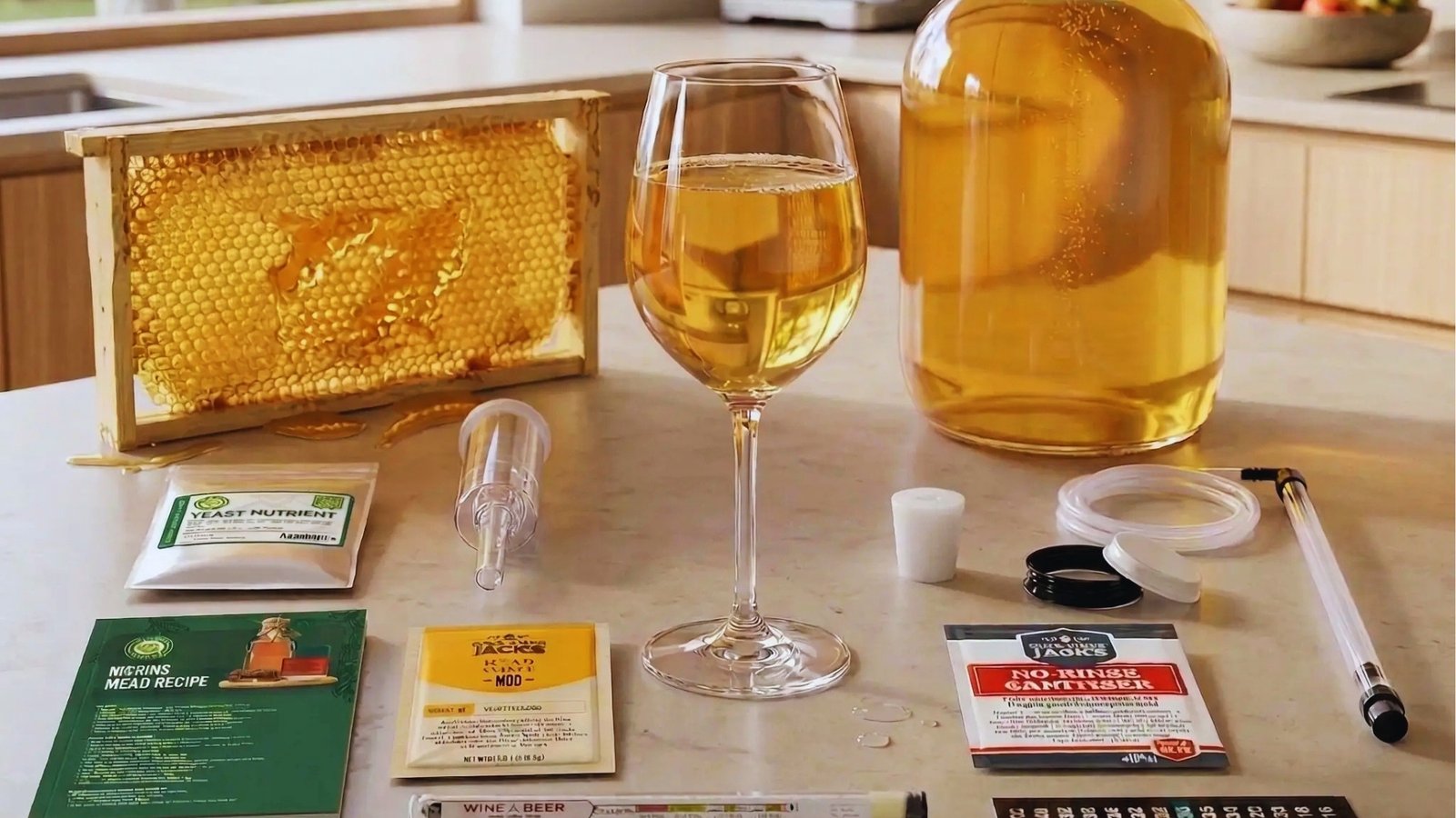  Golden mead in wine glass beside honeycomb frame, large fermenter, yeast nutrient, sanitizer, airlock, and recipe cards on kitchen counter.