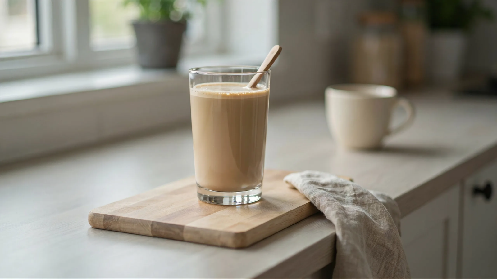 maple blended coffee with smooth creamy texture and light brown color without heavy toppings.
