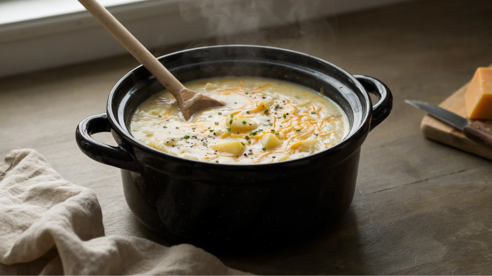 hick creamy potato soup with melted cheddar cheese fully mixed and ready to serve.
After adding the dairy, cook on high for another 30 to 40 minutes to help the soup thicken 
