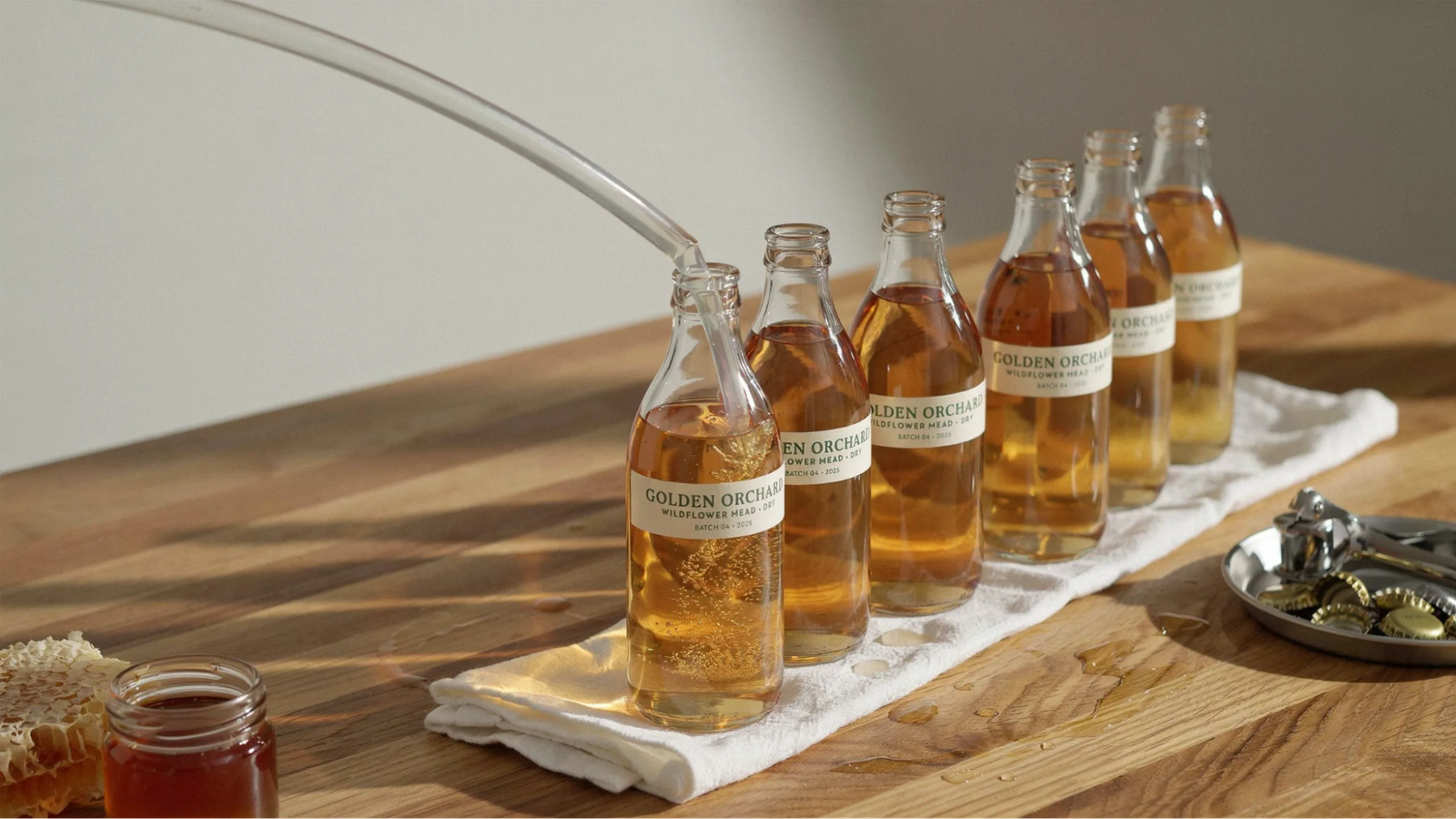 mead being transferred into glass bottles using siphon in a clean home brewing setup.
