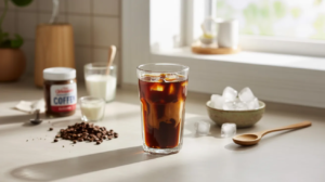 homemade frozen coffee with simple ingredients showing an affordable alternative to café style drinks.
