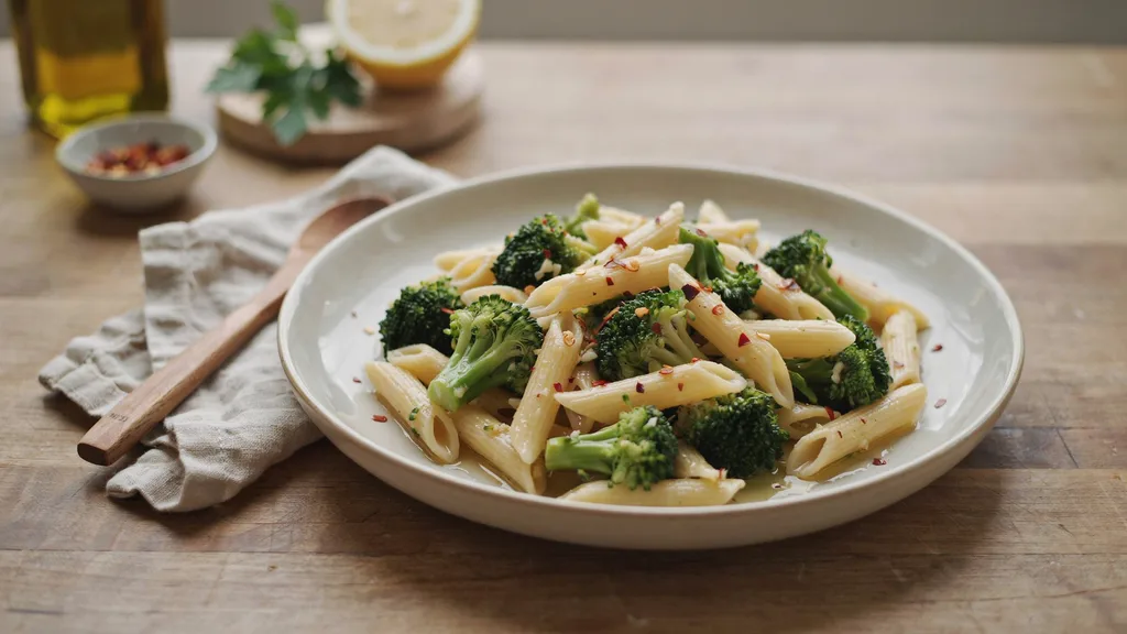 broccoli pasta with garlic olive oil and red chili flakes mixed throughout for a spicy flavor.
