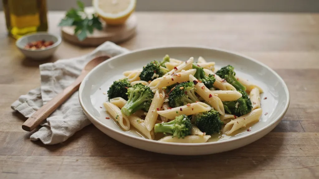 broccoli pasta with garlic olive oil and red chili flakes mixed throughout for a spicy flavor.
