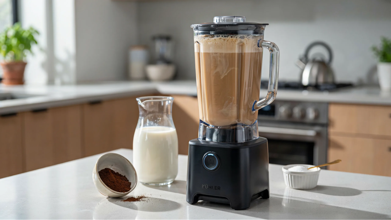 coffee milk and sugar blended into a smooth light brown mixture with slight froth.
