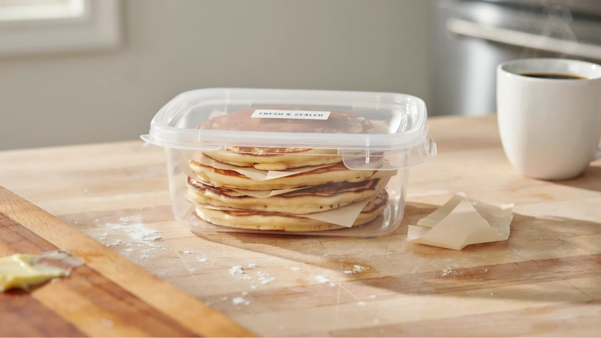 pancakes stored in an airtight container with parchment paper between layers for freshness.

