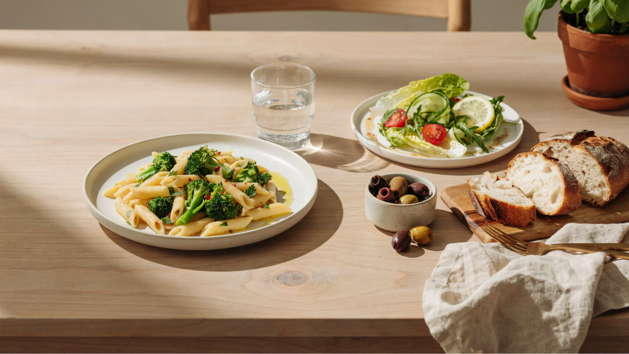 broccoli pasta with salad bread and olives served as a complete meal.
