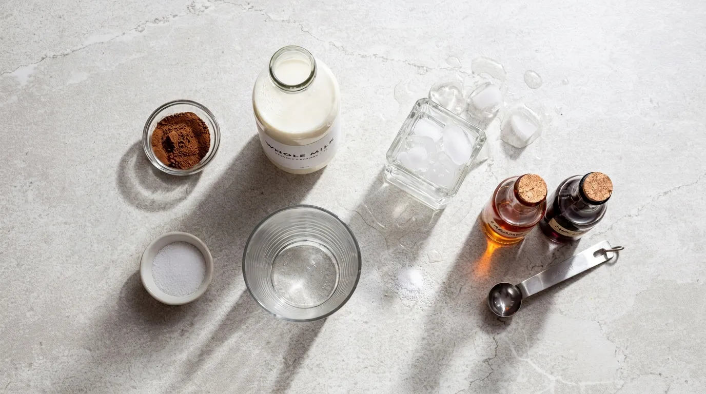 ingredients for blended coffee including coffee powder milk sugar ice and syrups arranged on a kitchen counter.
