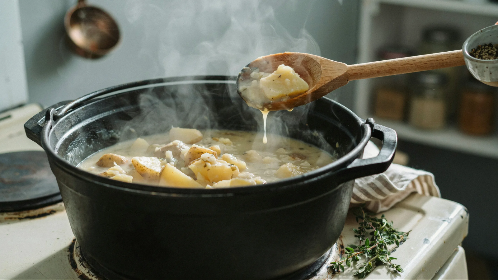 potato soup mashed to create a thick texture with both creamy base and soft potato chunks.
