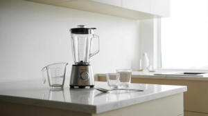 blender measuring cup and glass arranged on a kitchen counter showing equipment needed for frozen coffee recipe.
