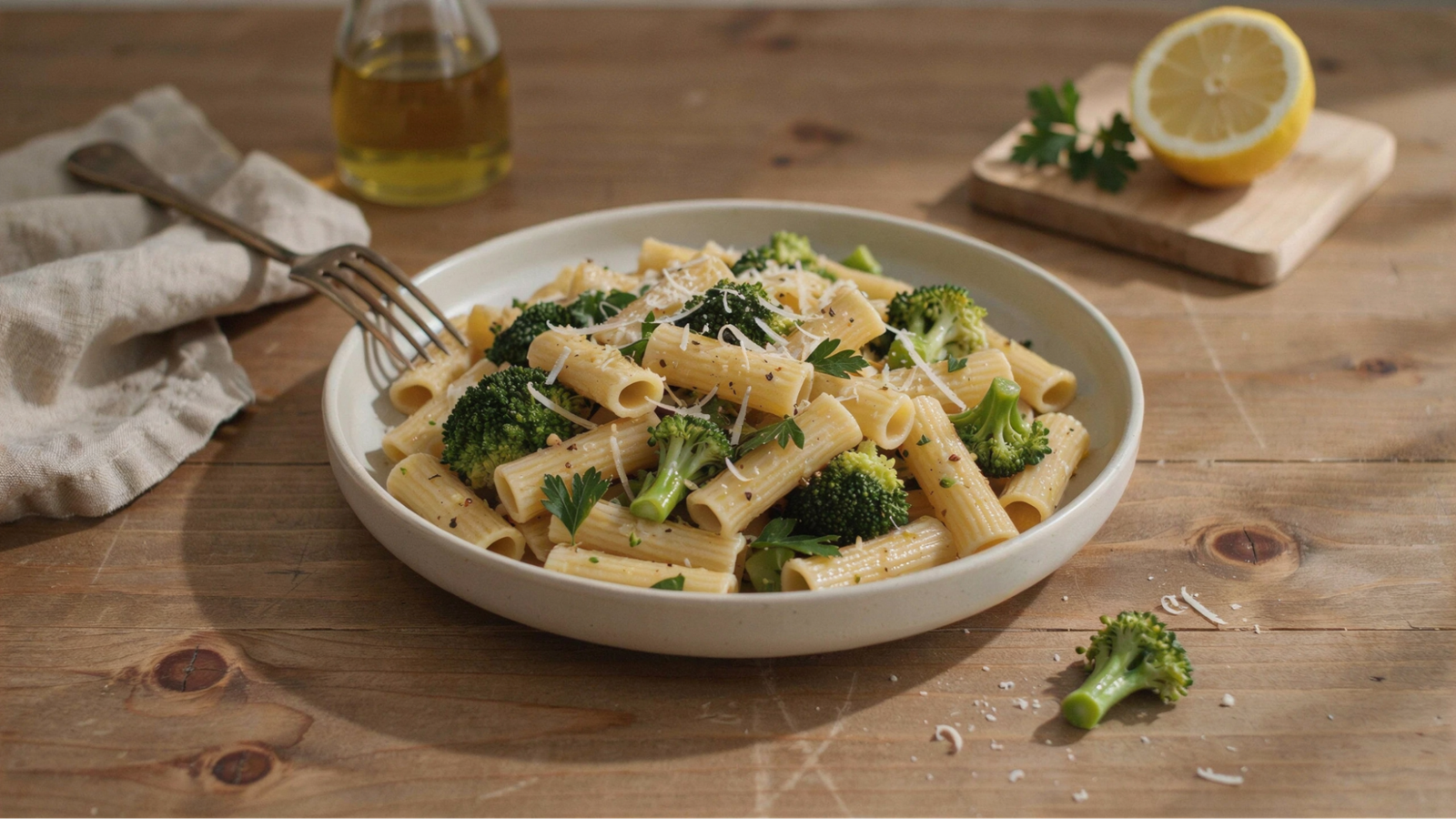 broccoli pasta made with short pasta shapes like penne mixed with garlic olive oil and parmesan served in a bowl.