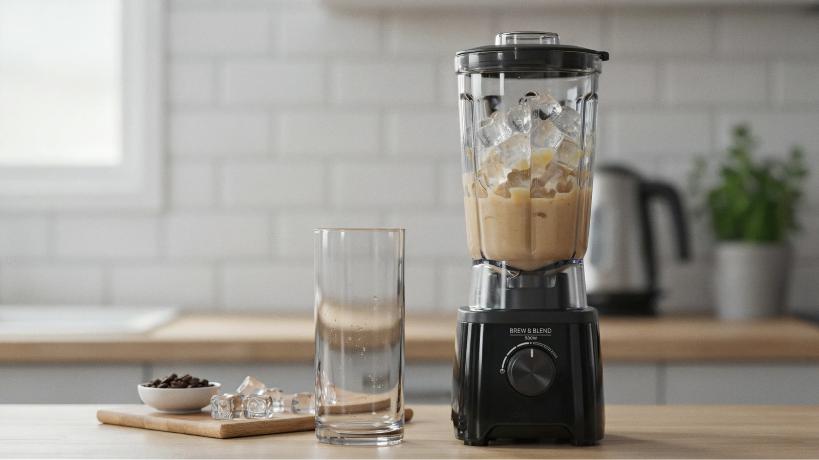 ice blended with coffee mixture creating thick creamy texture inside blender.
