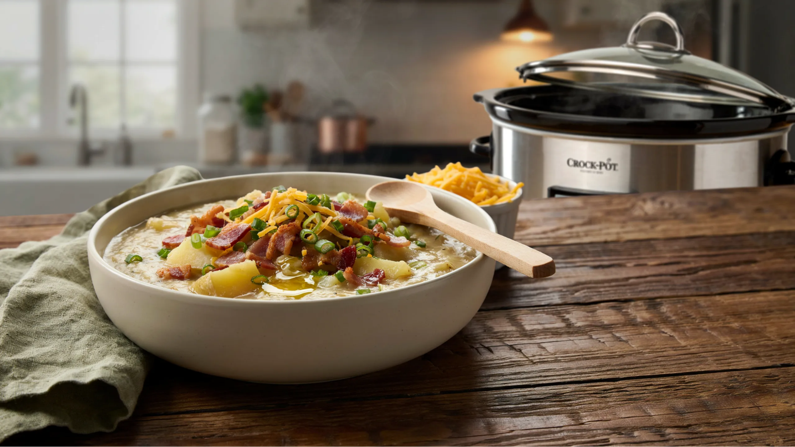 thick creamy baked potato soup with cheese bacon and green onions served in a bowl with a crock pot in the background.