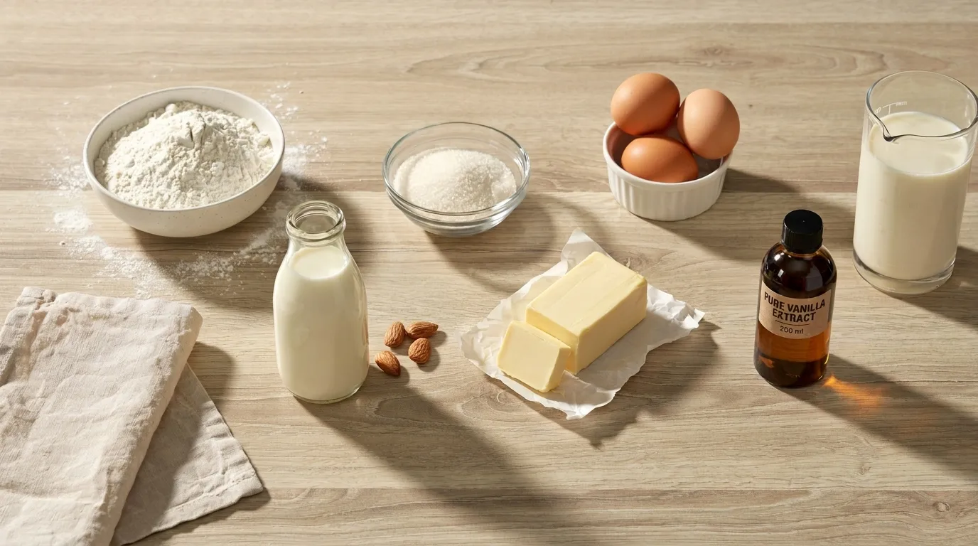  ingredients for sweet cream pancakes including flour eggs, cream milk and butter arranged on a counter.
