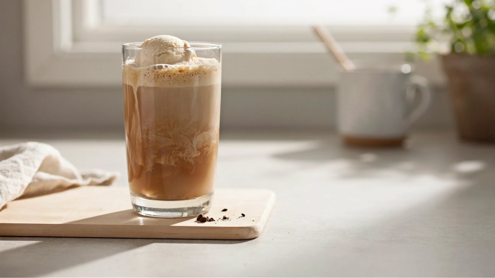 caramel blended coffee with whipped cream and smooth caramel drizzle showing thick creamy texture.