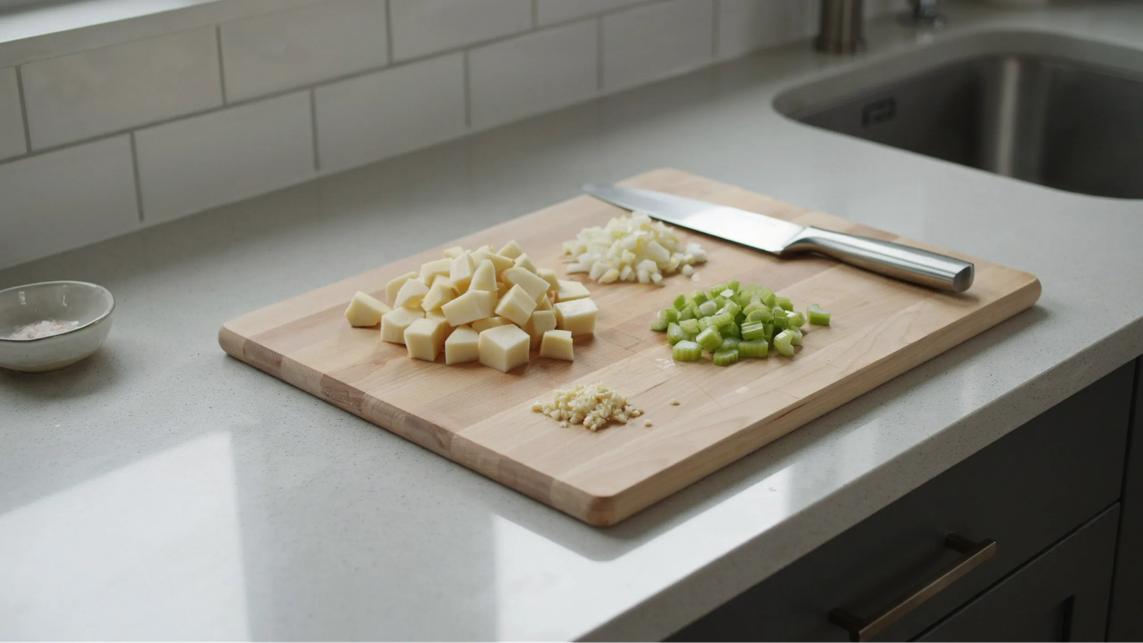 chopped potatoes onion celery and garlic prepared evenly on a cutting board before cooking.
