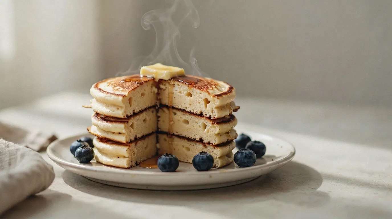  fluffy pancake cut open showing soft creamy inside and golden outer texture.
